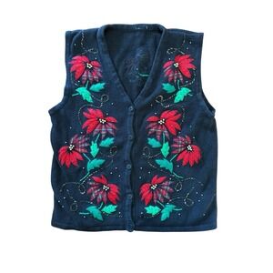 Vtg 90s Christmas Holiday Vest Poinsettia Embroidered Sz M/L Grandma Cottagecore